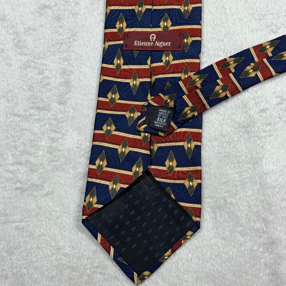 Etienne Aigner Silk Necktie Navy Blue Diamond Pattern Career Professional
